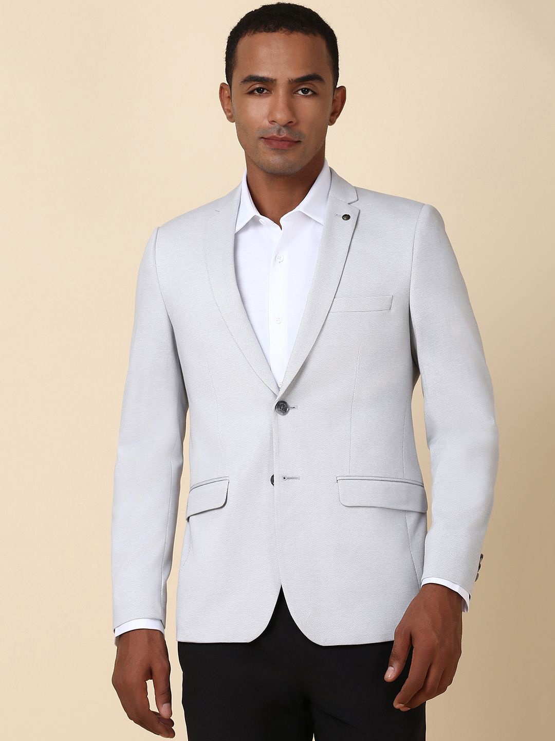 

Allen Solly Textured Single-Breasted Notched Lapel Cotton Super Slim Fit Casual Blazer, Grey