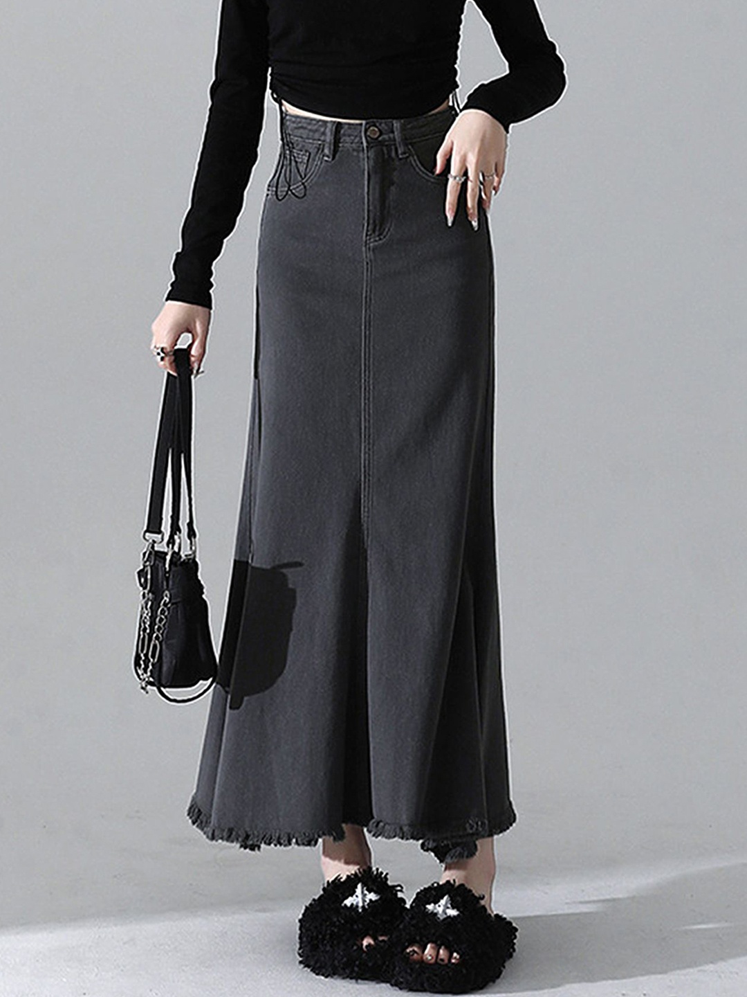 

LULU & SKY Women Frayed Hem Denim Skirt, Grey