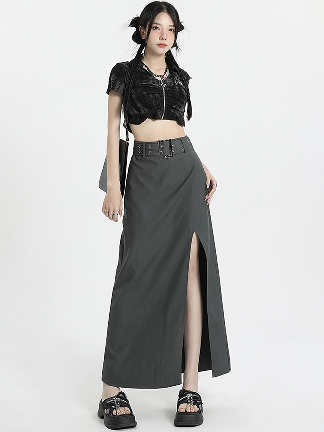 

LULU & SKY Women A-line Maxi Skirt Belt, Grey