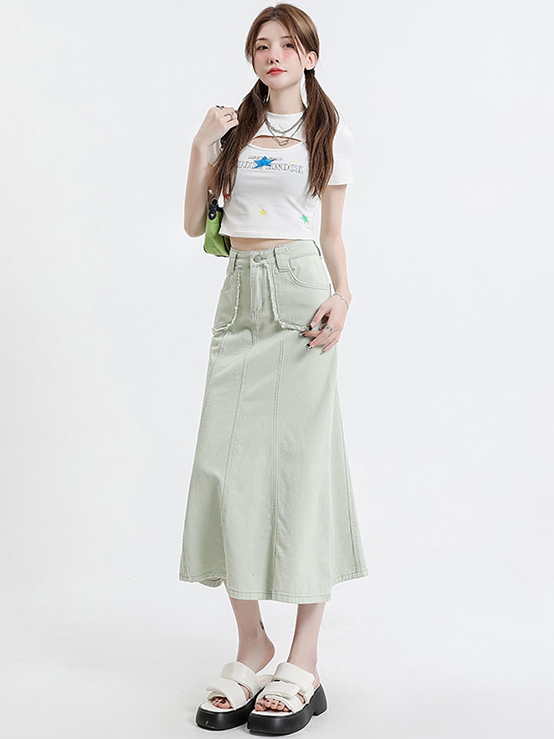 

LULU & SKY Women Denim A-Line Midi Skirt, Green