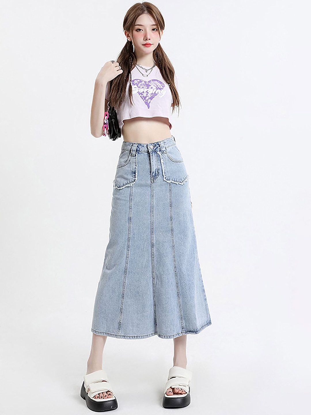 

LULU & SKY A-Line Vertical Seam Midi Skirt, Blue