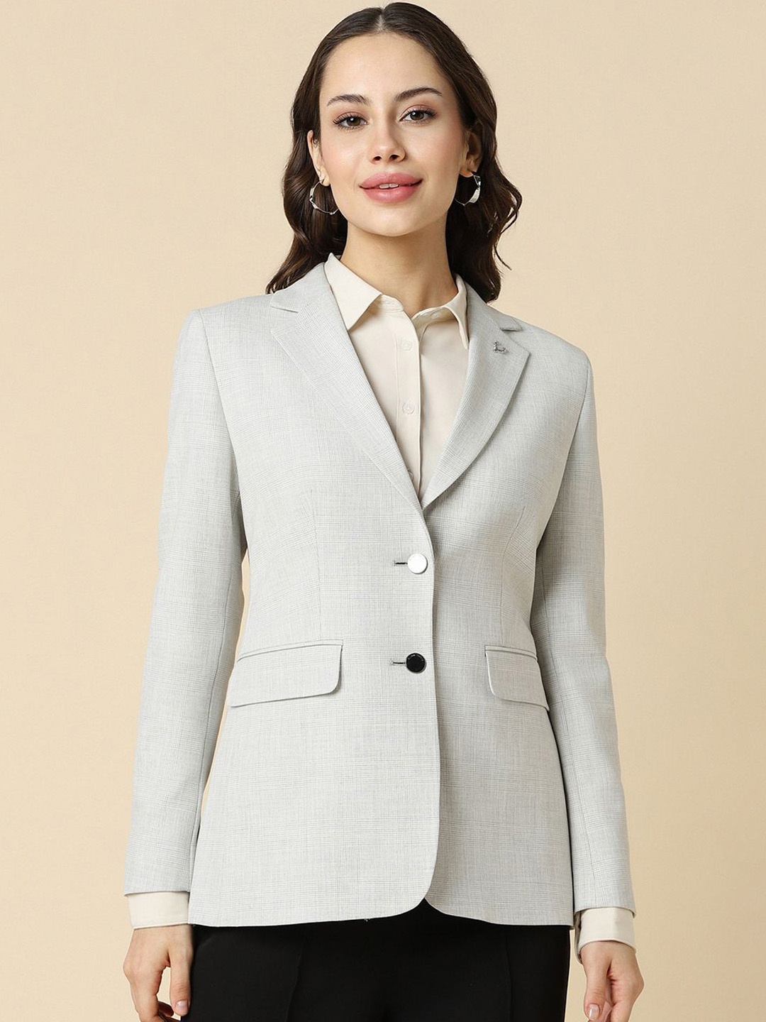 

Allen Solly Woman Checked Single-Breasted Notched Lapel Formal Blazer, Grey