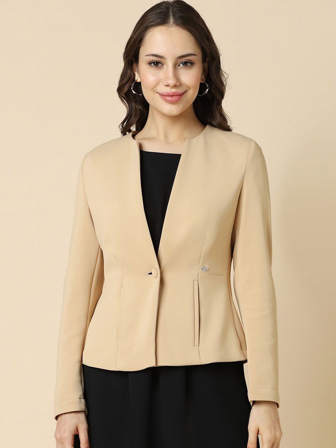 

Allen Solly Woman Round Neck Single Breasted Casual Blazer, Beige