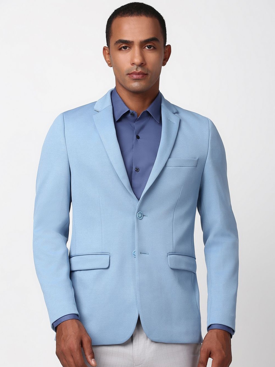 

Peter England Elite Textured Notched Lapel Collar Slim Fit Single-Breasted Formal Blazer, Blue