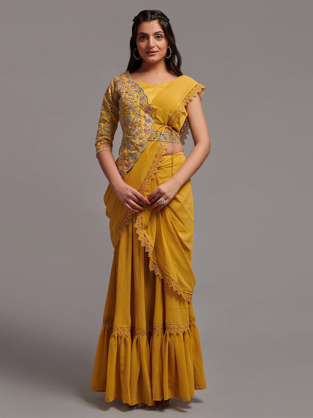 

ZIBLON Pure Georgette Ready to Wear Saree, Yellow