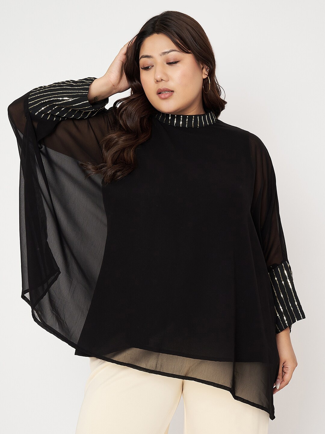 

studio rasa Embroidered Kimono Sleeve Kaftan Top, Black