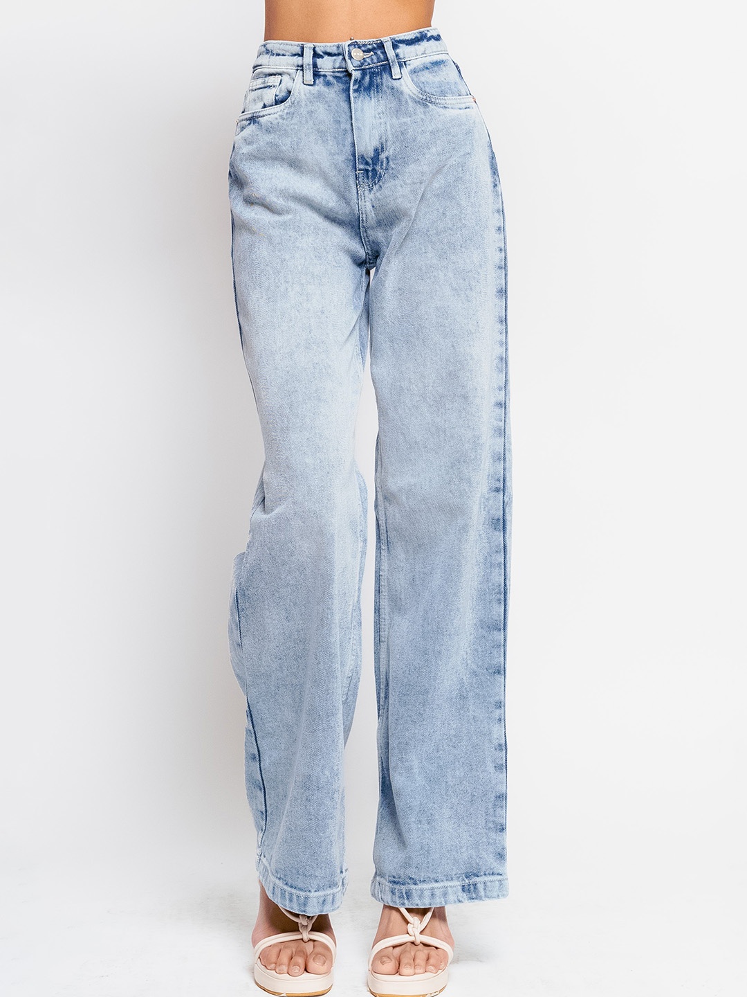 

FREAKINS Women Straight Fit High-Rise Clean Look Heavy Fade Pure Cotton Jeans, Blue