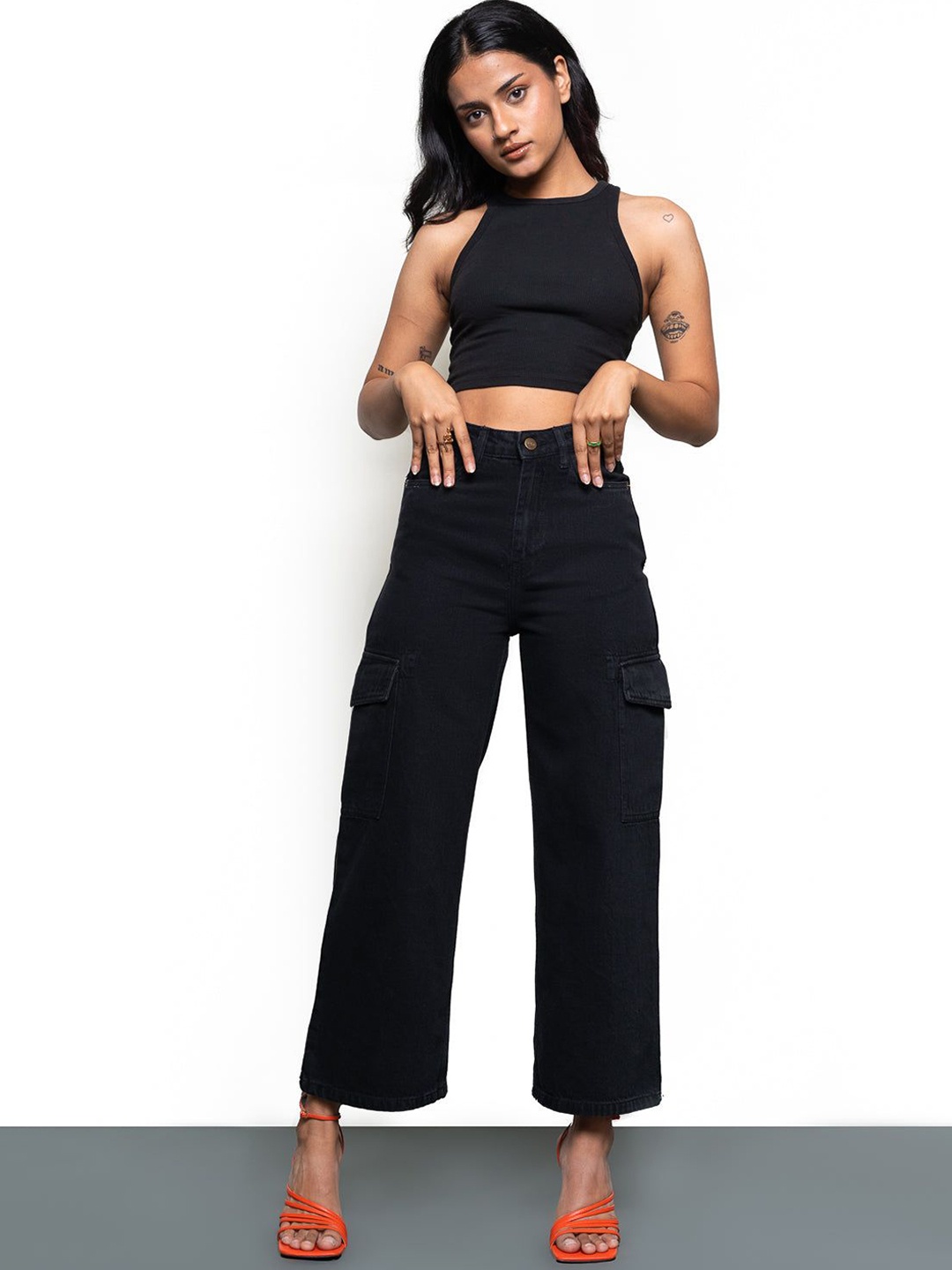 

FREAKINS Women Wide Leg High-Rise Mildly Distressed Cotton Jeans, Black