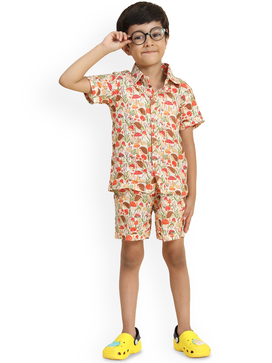 

BAESD Boys Conversational Printed Short Sleeves Linen Shirt with Shorts, Orange