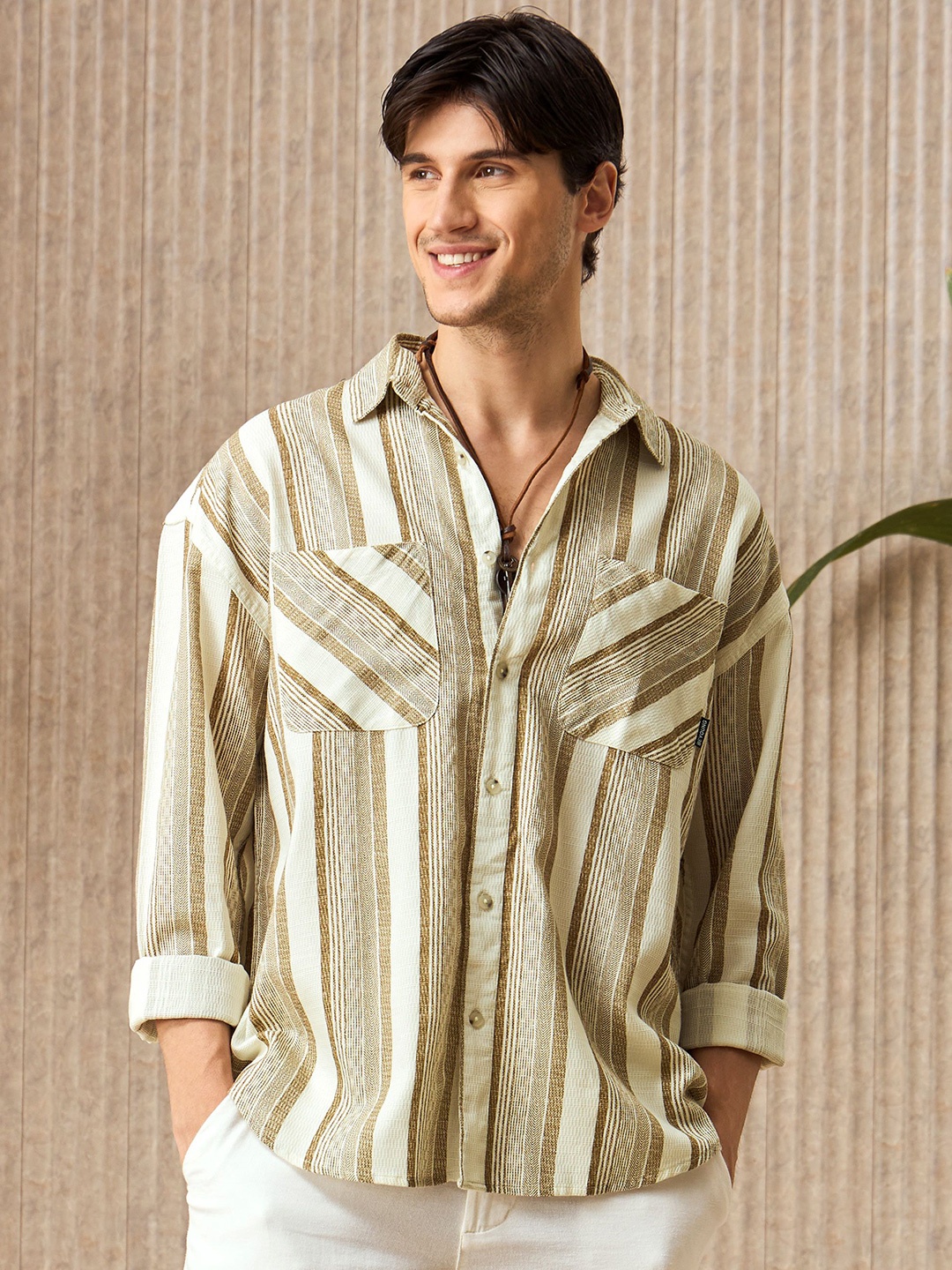 

Beyoung Men Spread Collar Striped Casual Shirt, Brown
