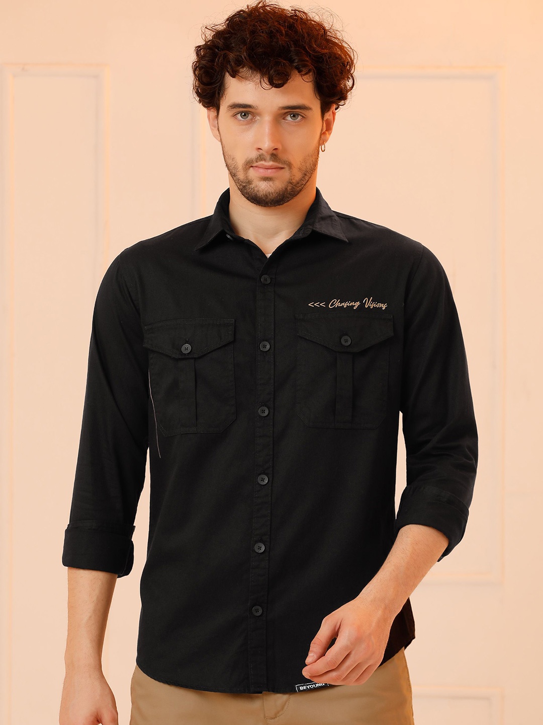 

Beyoung Men Spread Collar Solid Casual Shirt, Black