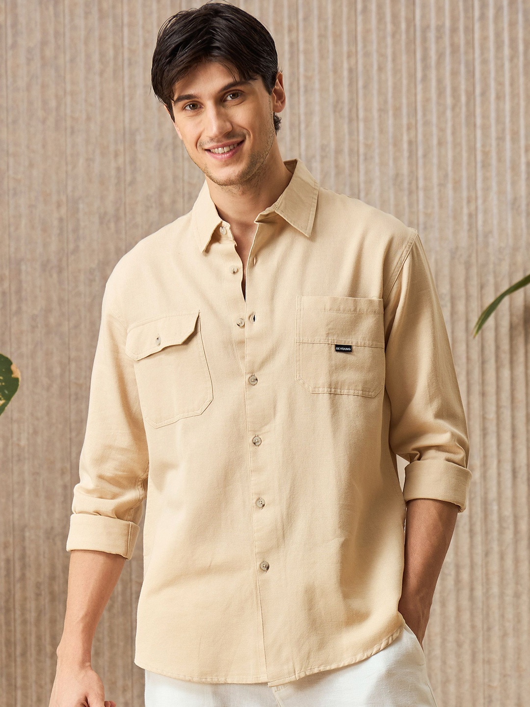 

Beyoung Men Spread Collar Solid Casual Shirt, Beige