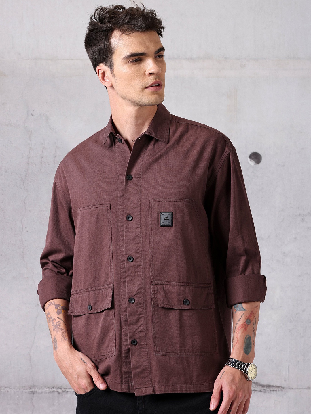 

Beyoung Men Spread Collar Casual Solid Shirt, Brown