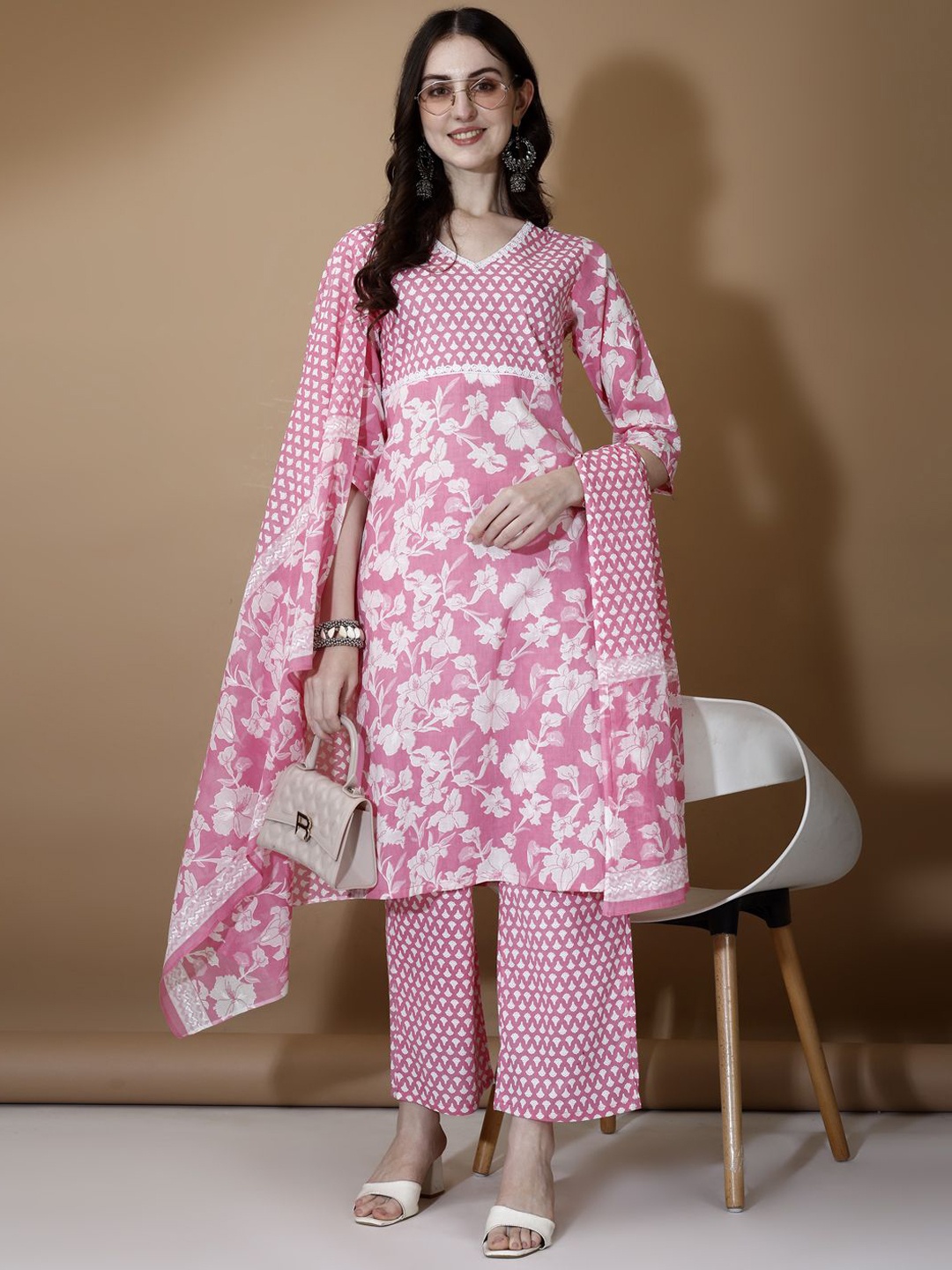 

Ziva Fashion Floral Printed Pure Cotton Straight Kurta With Trousers & Dupatta, Pink