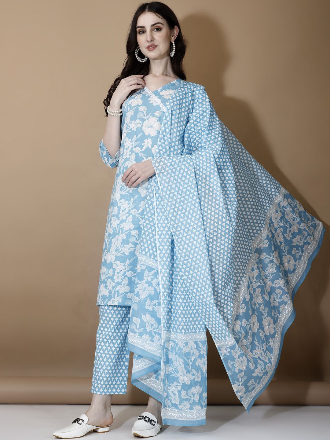 

Ziva Fashion Floral Printed Pure Cotton Straight Kurta With Trousers & Dupatta, Blue