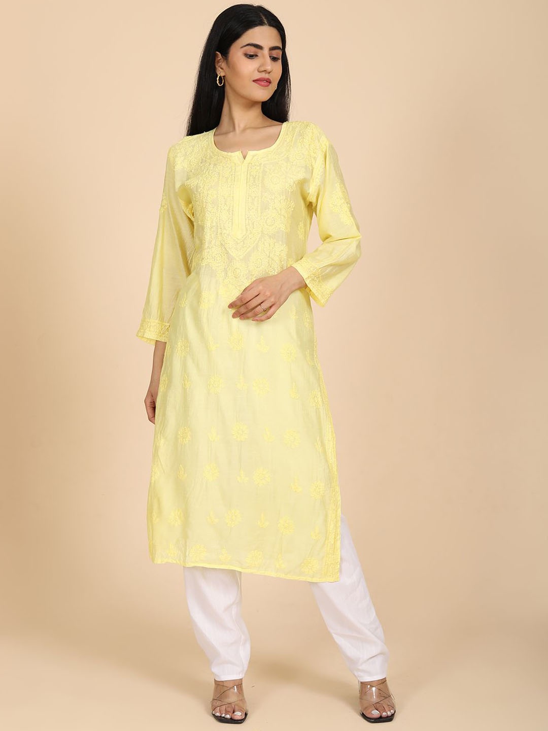 

HELLA FASHIONS Floral Embroidered Chikankari Cotton Straight Kurta, Yellow