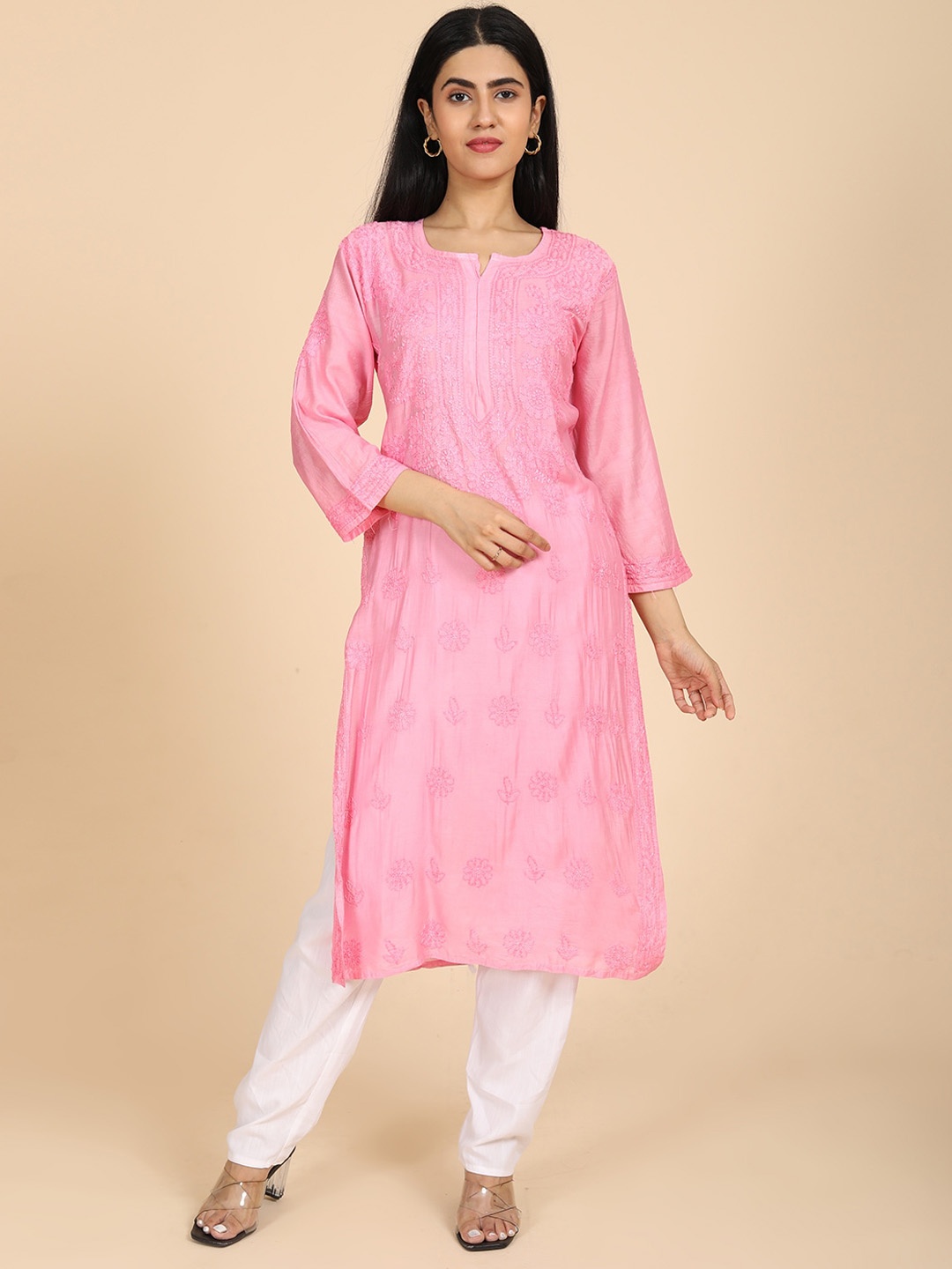 

HELLA FASHIONS Floral Embroidered Chikankari Cotton Straight Kurta, Pink