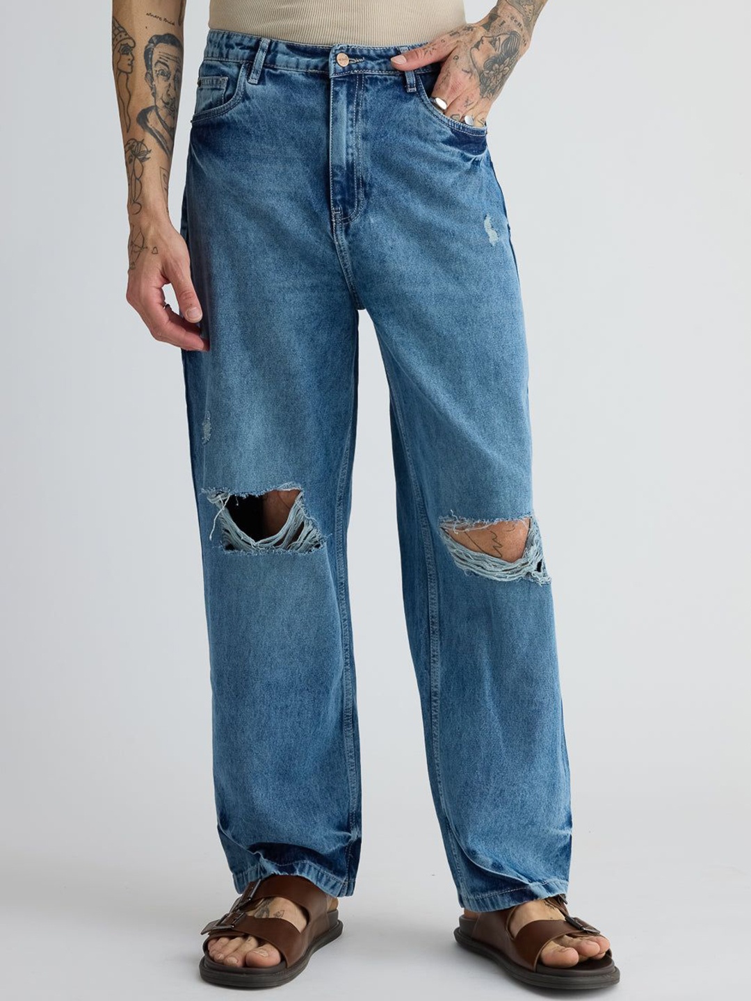 

FREAKINS Men Straight Fit Highly Distressed Cotton Jeans, Blue