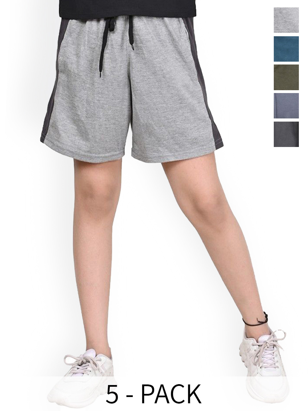 

BAESD Girls Pack Of 5 Contrasting Side Panel High-Rise Above Knee Cotton Regular Shorts, Grey