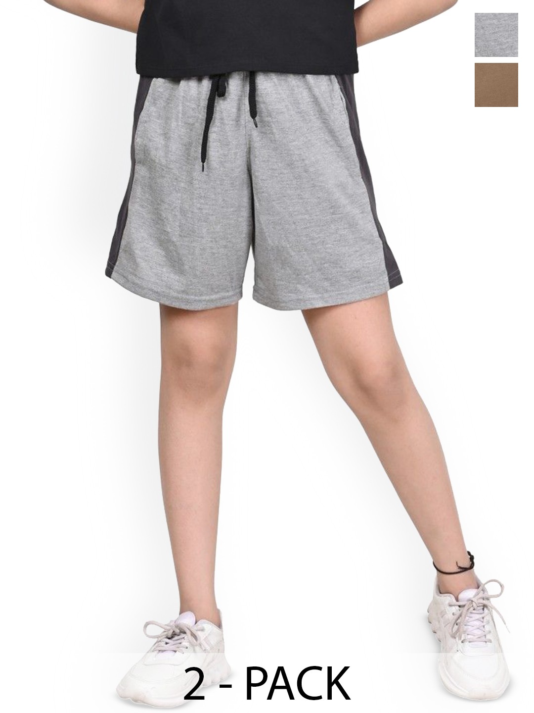 

BAESD Girls Pack Of 2 Contrasting Side Panel High-Rise Above Knee Cotton Regular Shorts, Grey