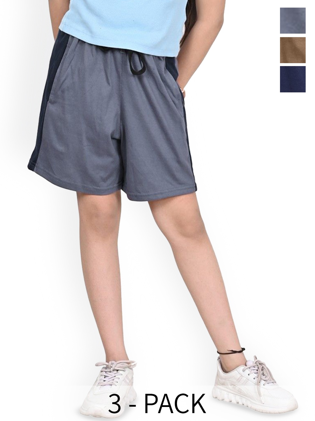 

BAESD Girls Pack Of 3 Colourblocked High-Rise Cotton Shorts, Grey