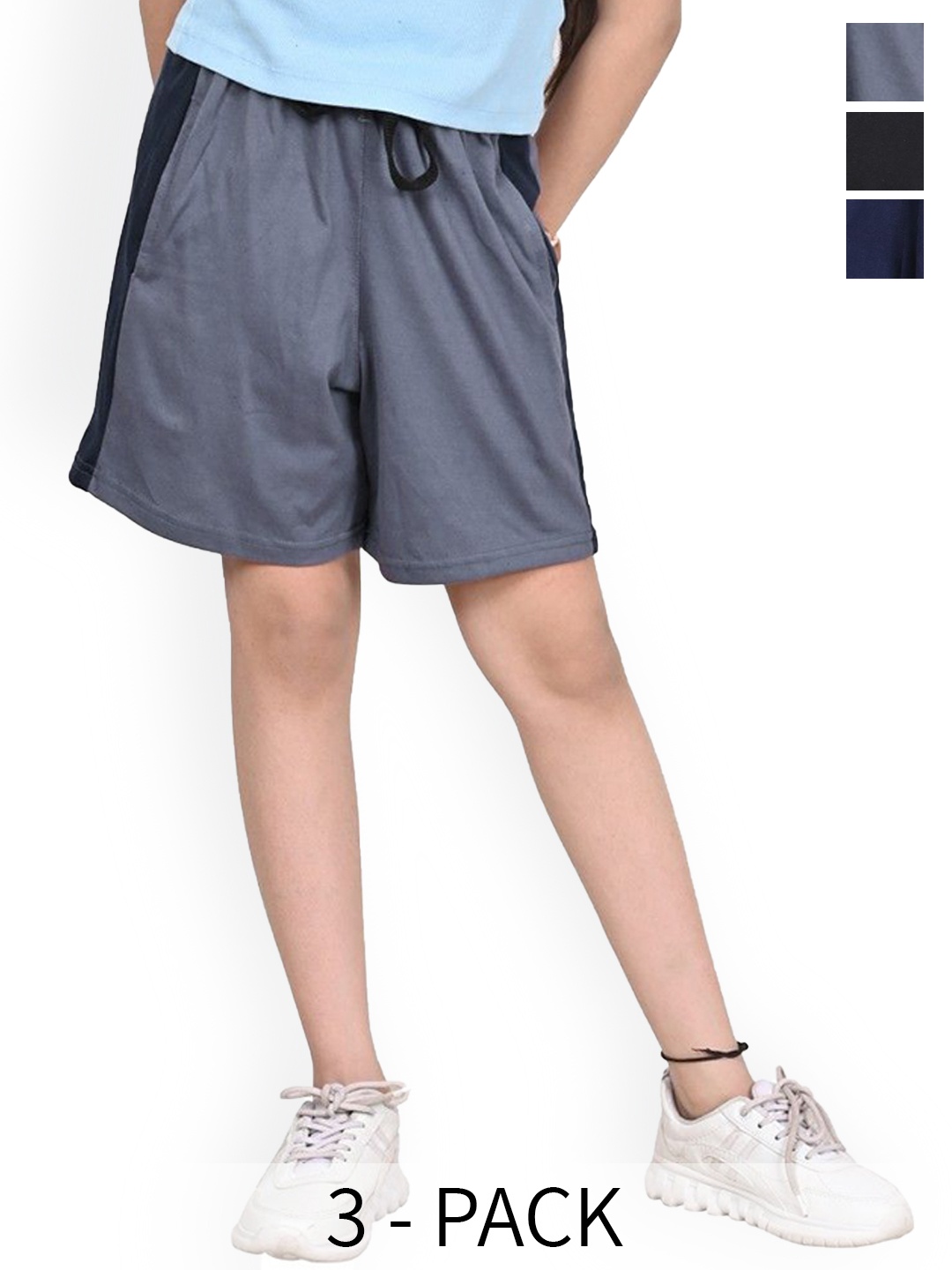 

BAESD Girls Pack Of 3 Colourblocked High-Rise Cotton Shorts, Grey