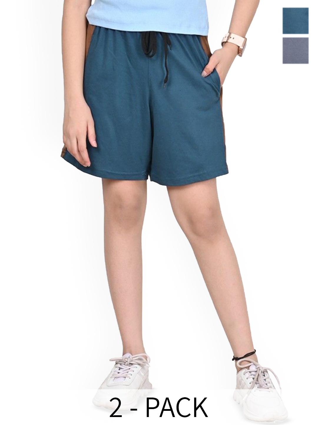 

BAESD Girls Pack Of 2 Colourblocked High-Rise Cotton Shorts, Teal