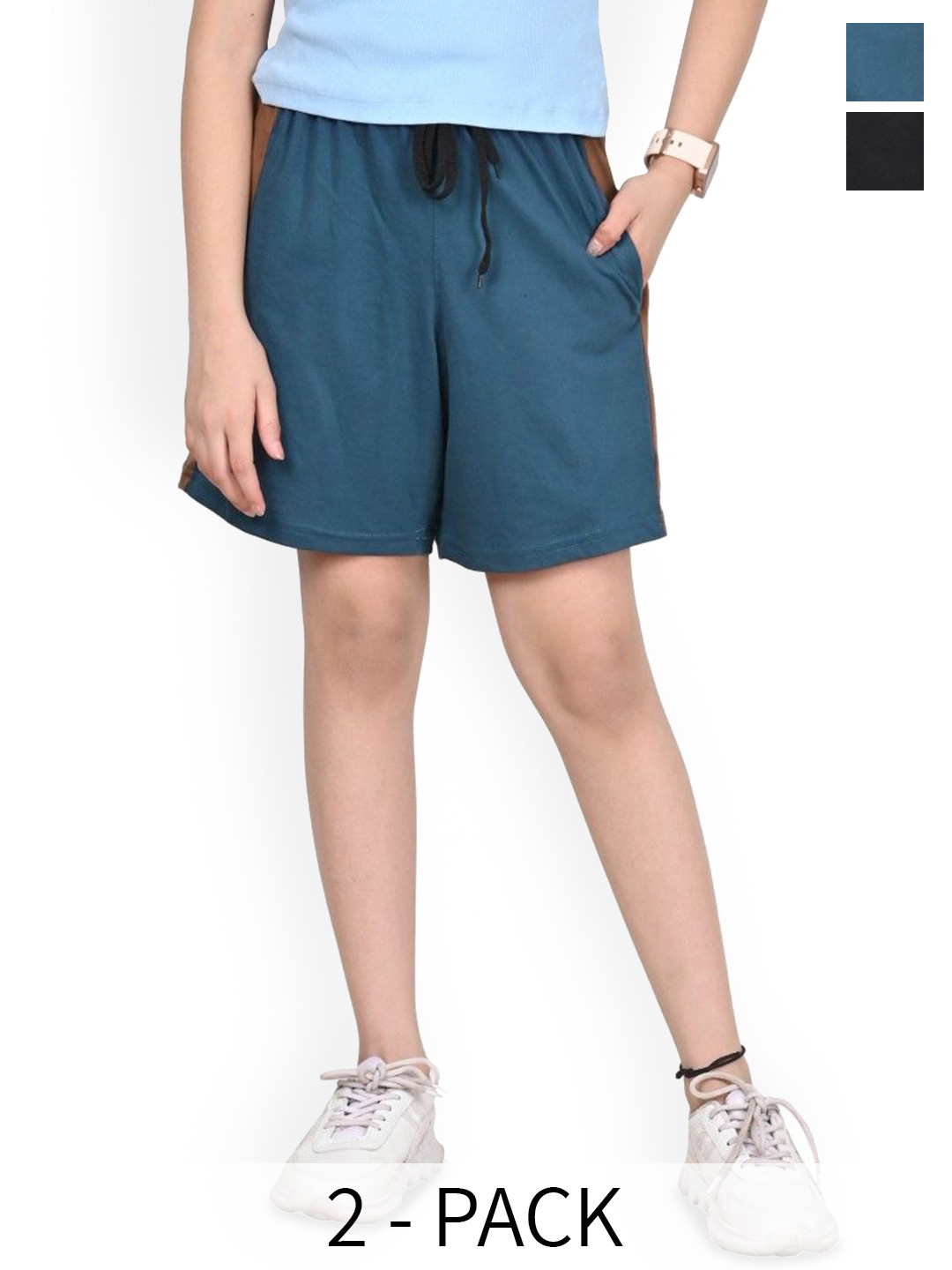 

BAESD Girls Pack Of 2 Colourblocked High-Rise Cotton Shorts, Blue