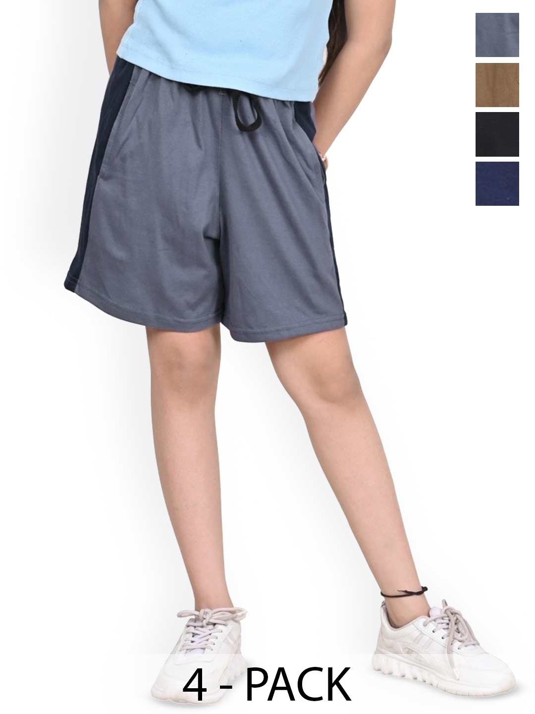 

BAESD Girls Pack Of 4 Colourblocked High-Rise Cotton Shorts, Grey