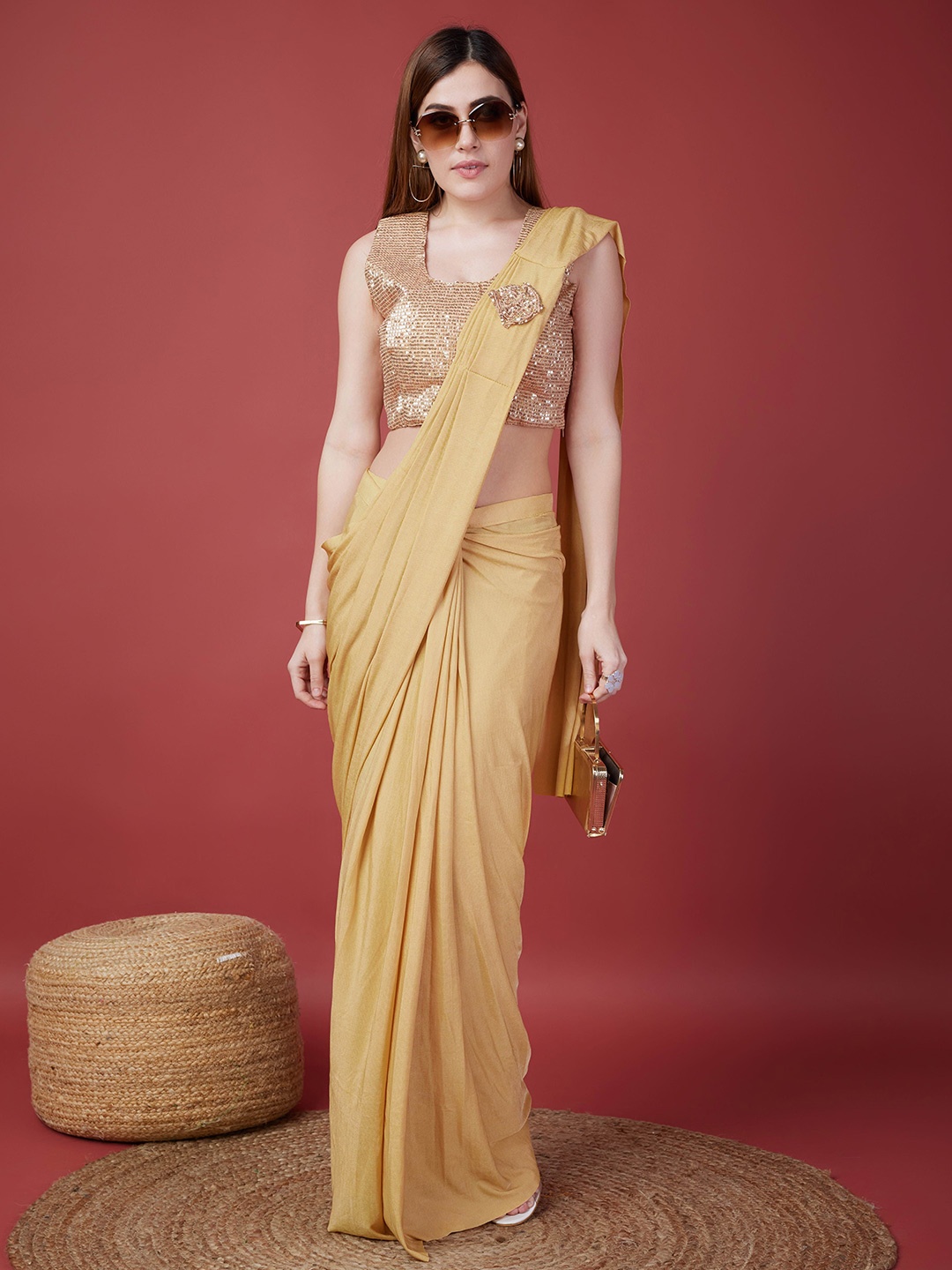 

AMOHA TRENDZ Sequinned Saree, Beige