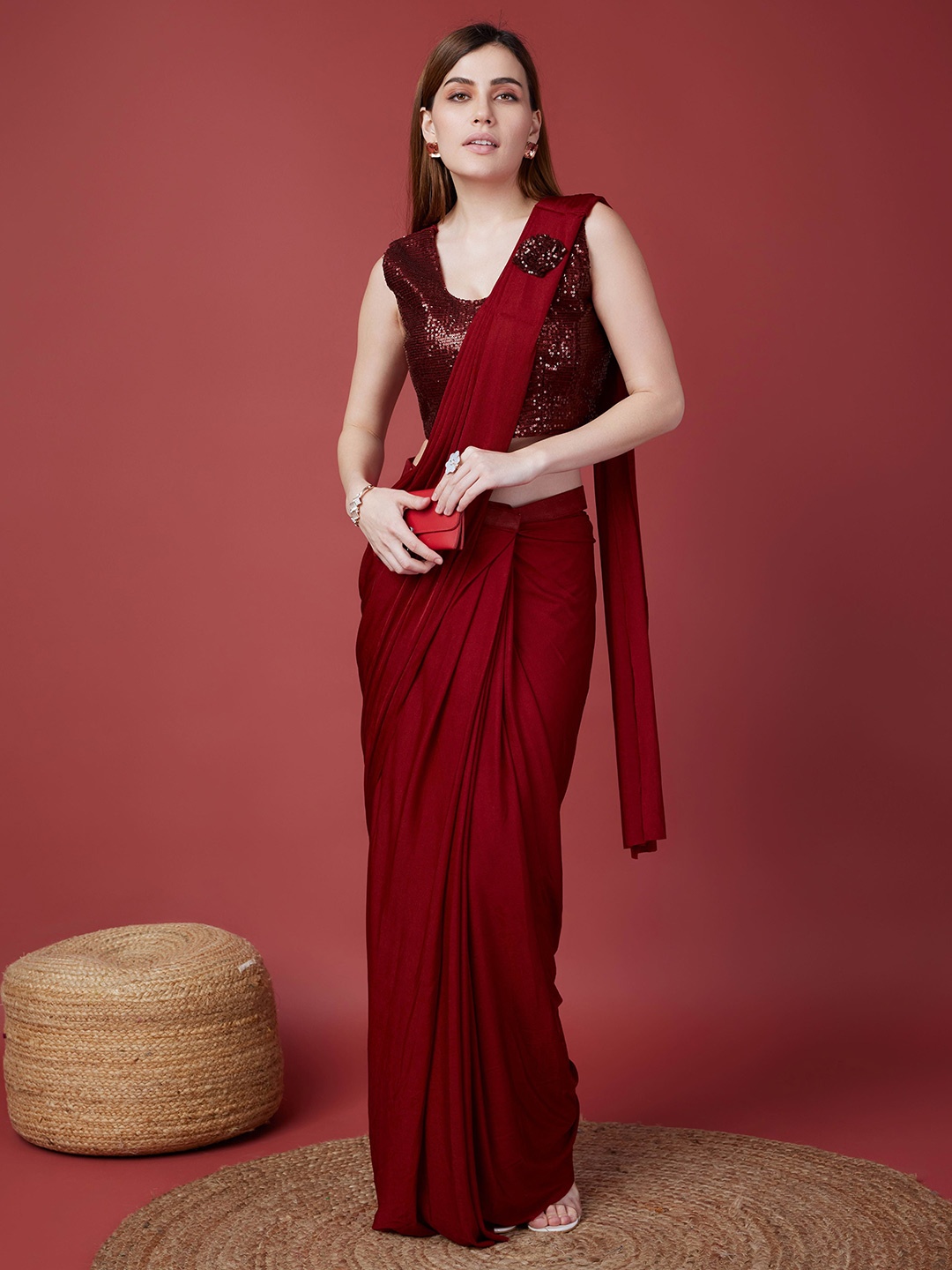 

AMOHA TRENDZ Sequinned Ready to Wear Saree, Red