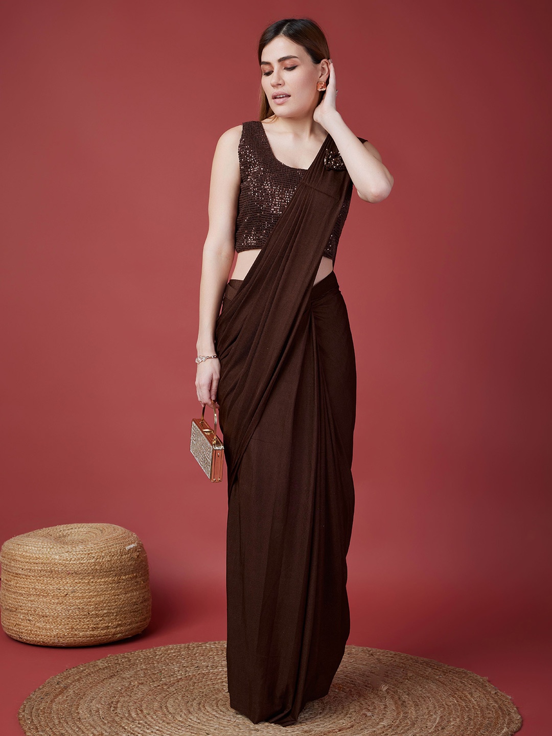 

AMOHA TRENDZ Ready to Wear Sequinned Saree, Brown