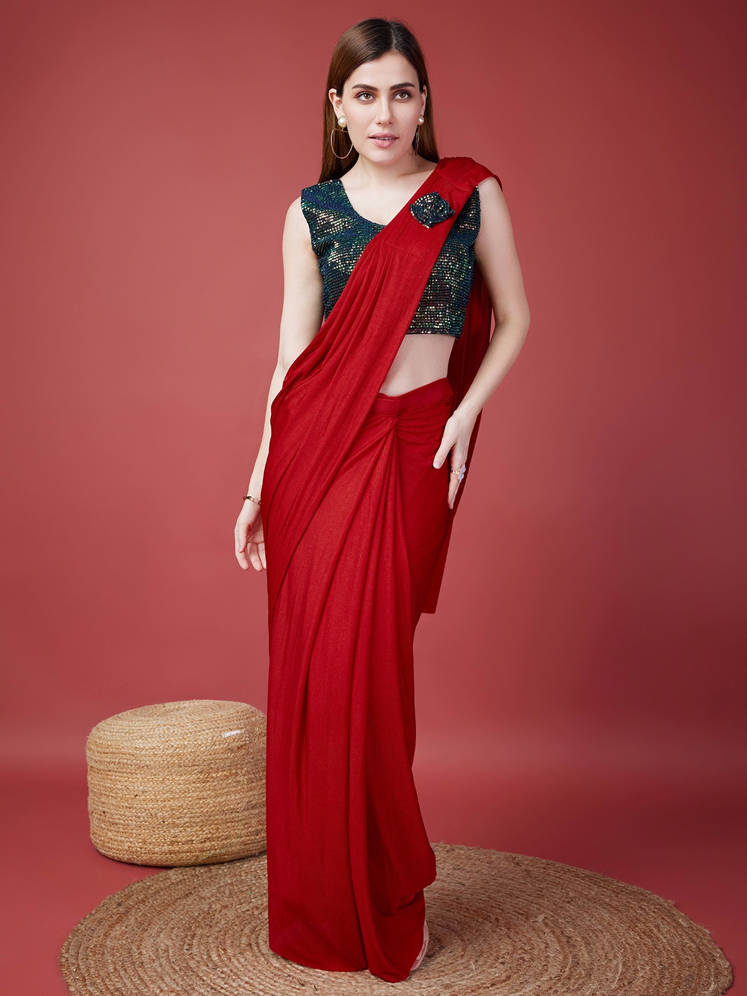 

AMOHA TRENDZ Sequinned Ready to Wear Saree, Red