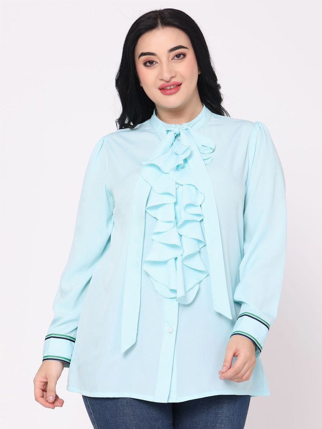 

TSM Women Solid Mandarin Collar Casual Shirt, Blue