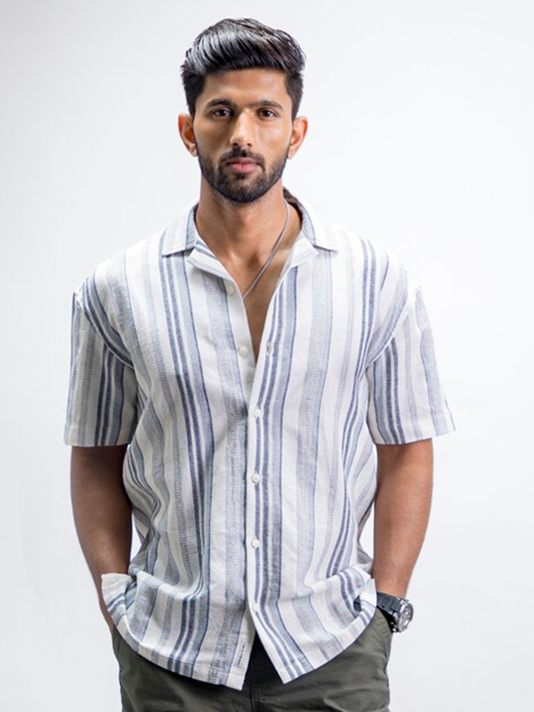 

Code 61 Men Cuban Collar Striped Casual Shirt, Grey
