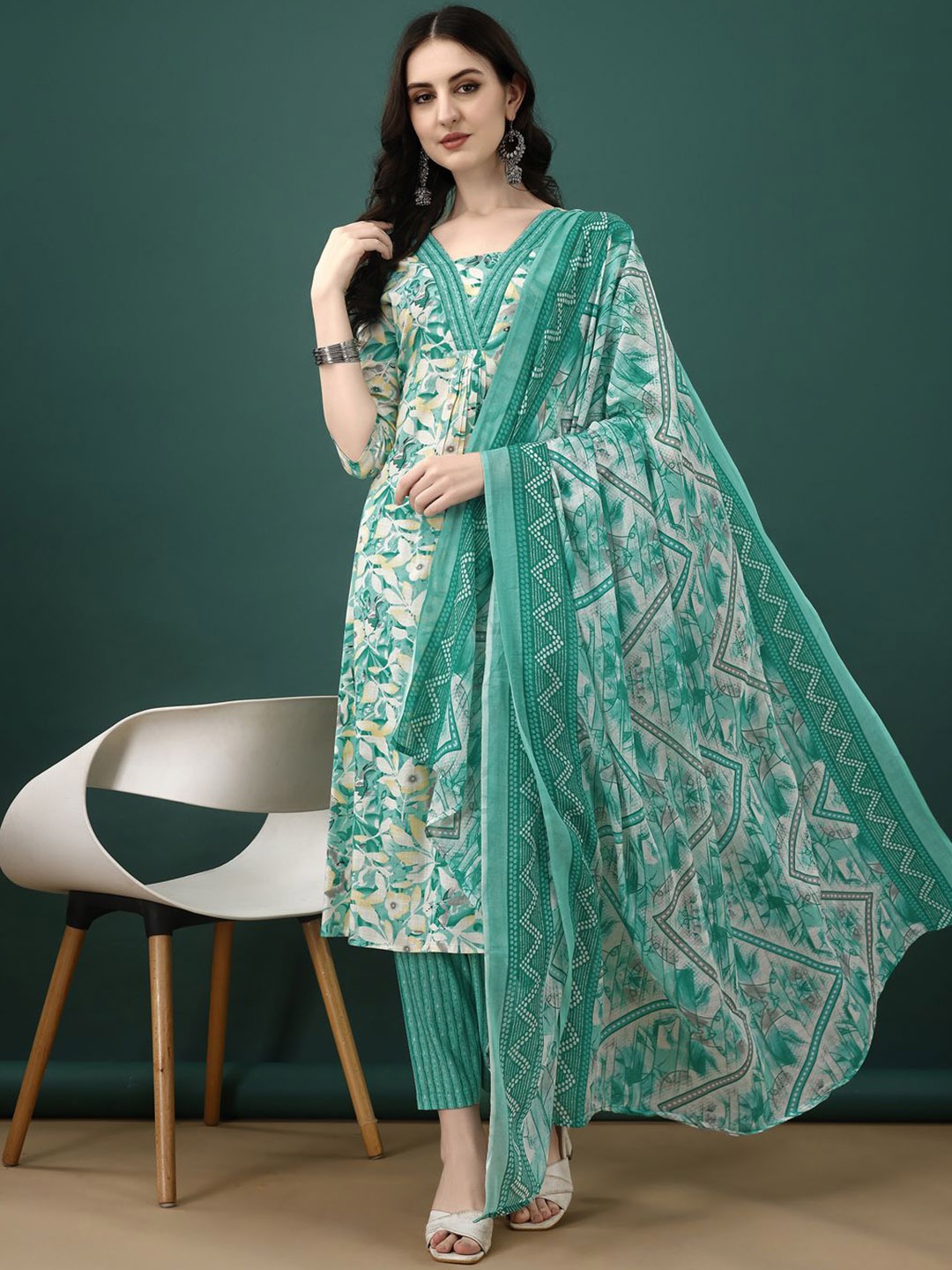 

KALINI Floral Printed Kurta ,Trousers & Dupatta, Sea green