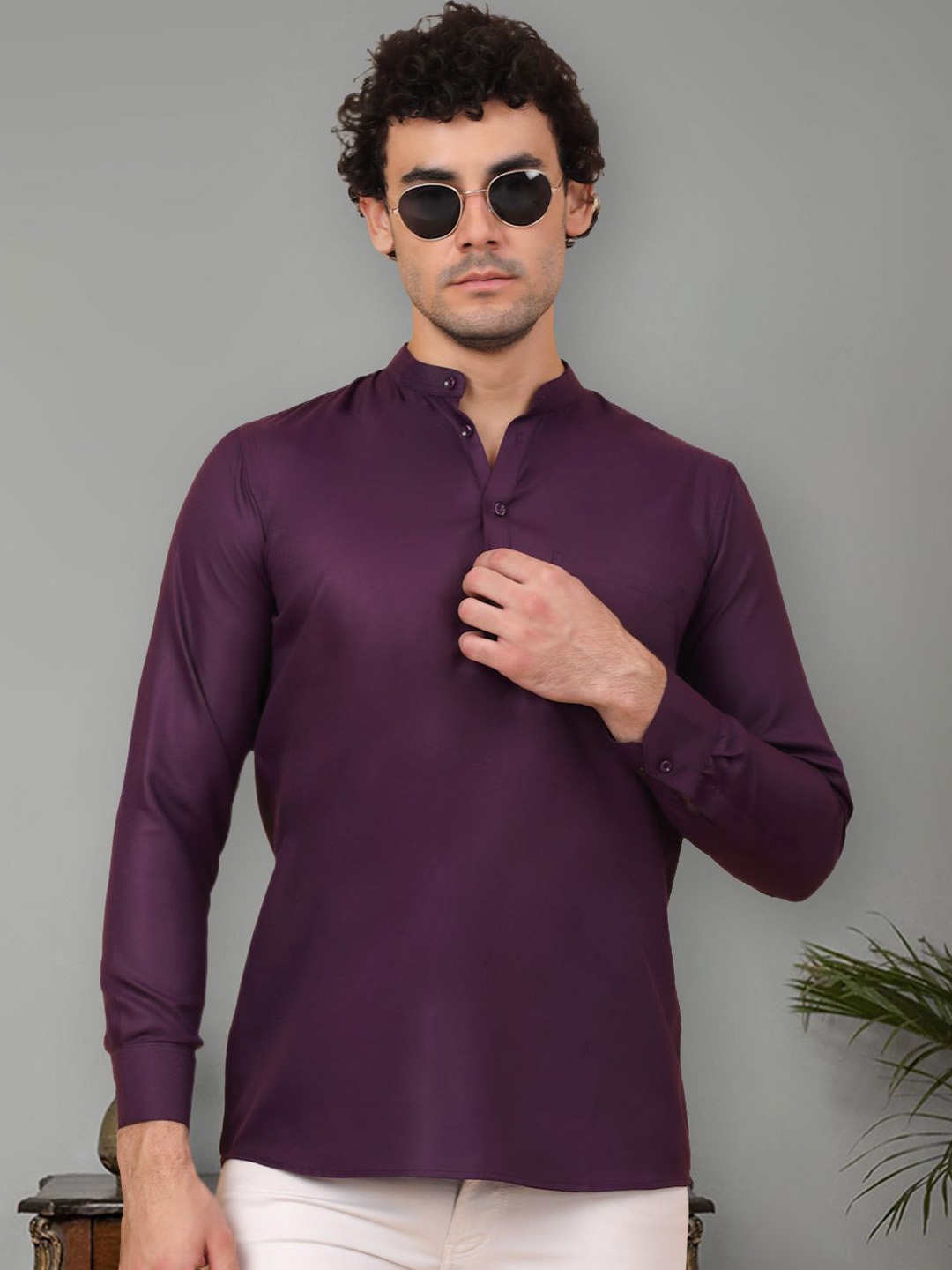 

Jompers Mandarin Collar Long Sleeves Cotton Short Kurta, Purple