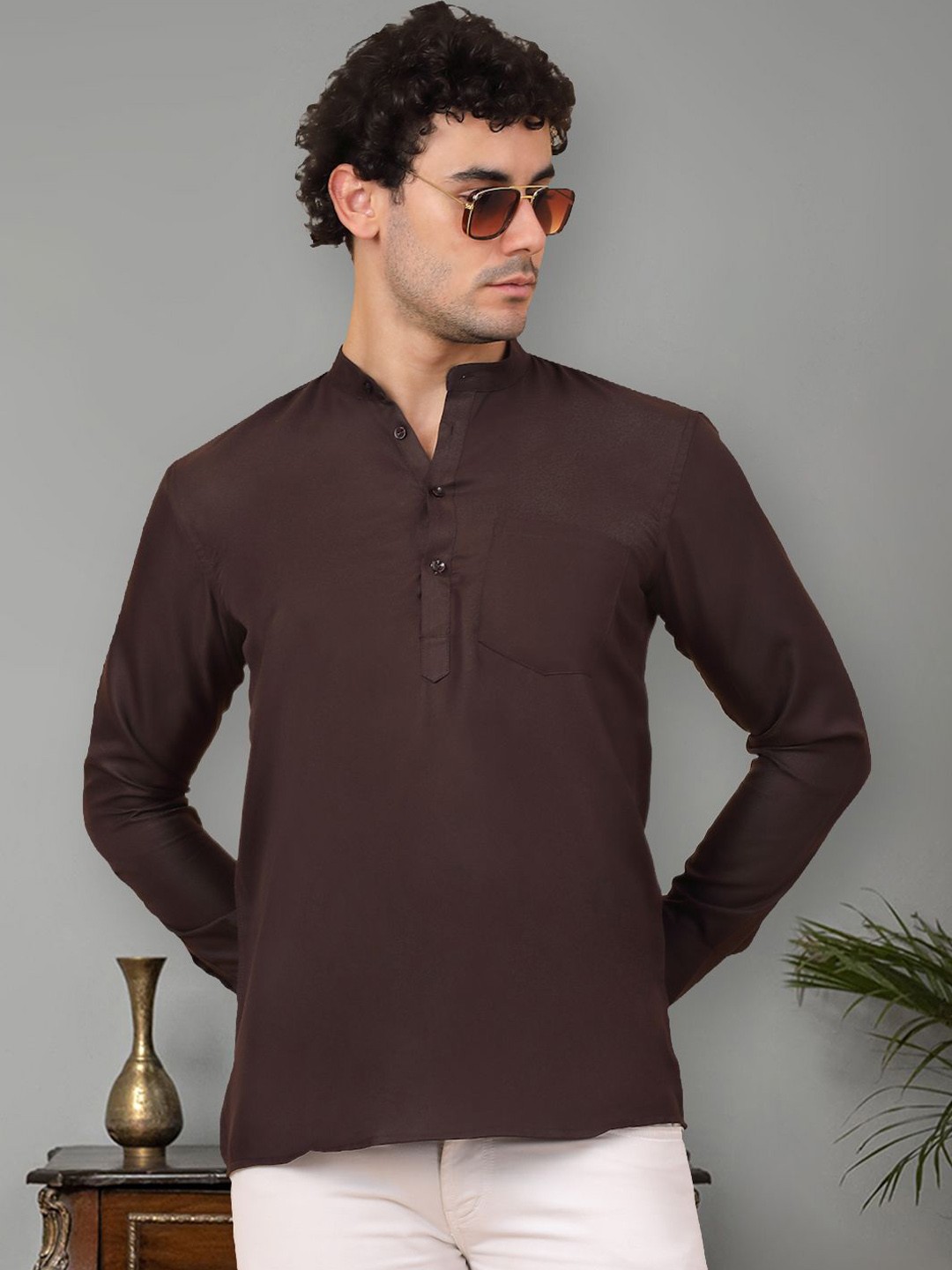 

Jompers Mandarin Collar Long Sleeves Cotton Short Kurta, Coffee brown