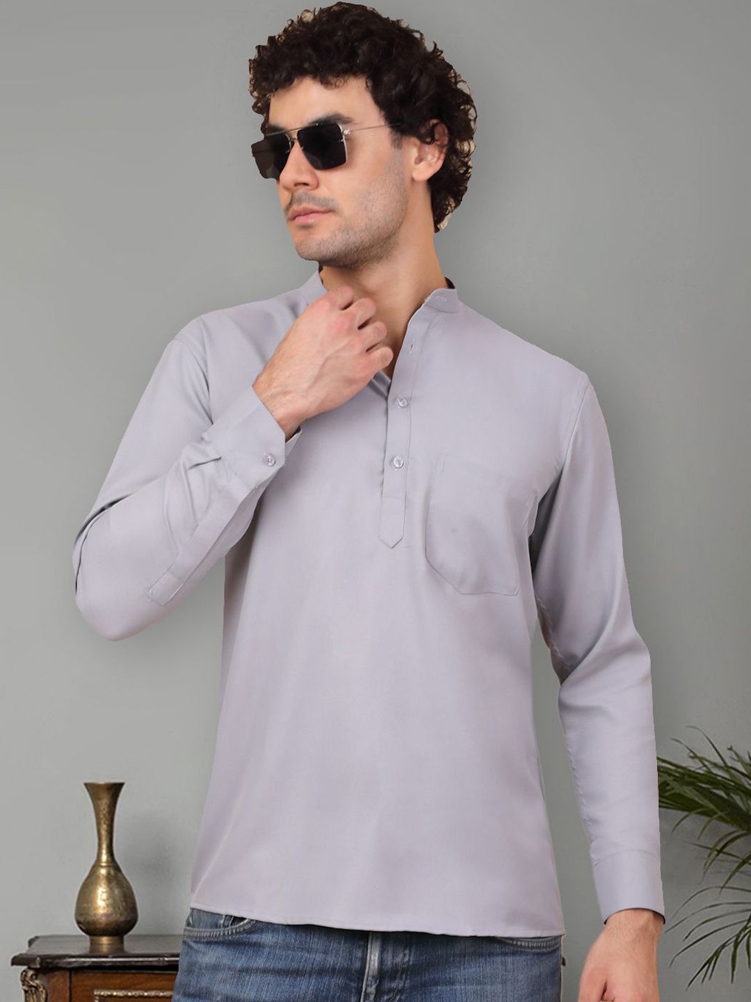 

Jompers Mandarin Collar Long Sleeves Cotton Short Kurta, Grey