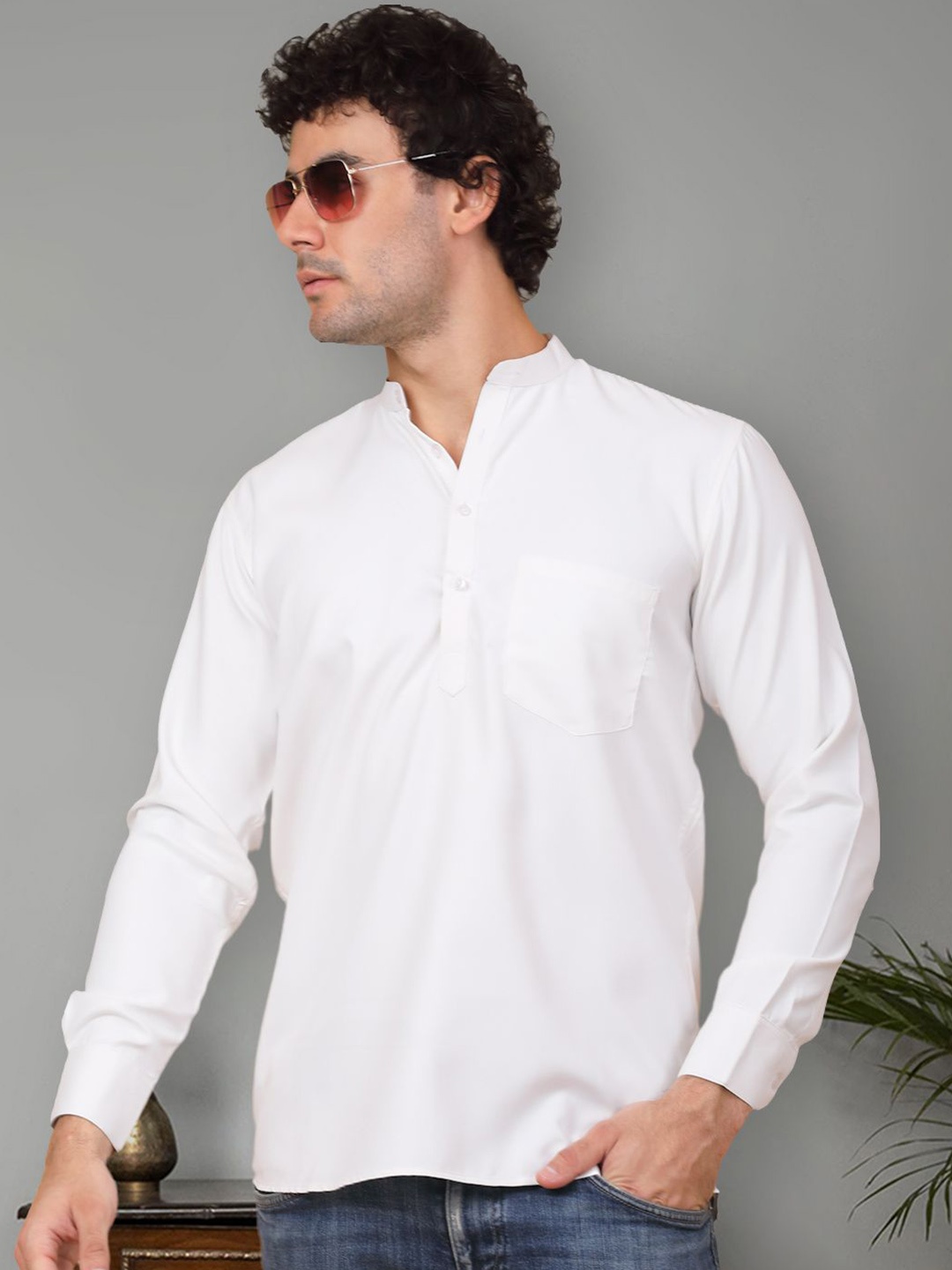 

Jompers Mandarin Collar Long Sleeves Cotton Short Kurta, White