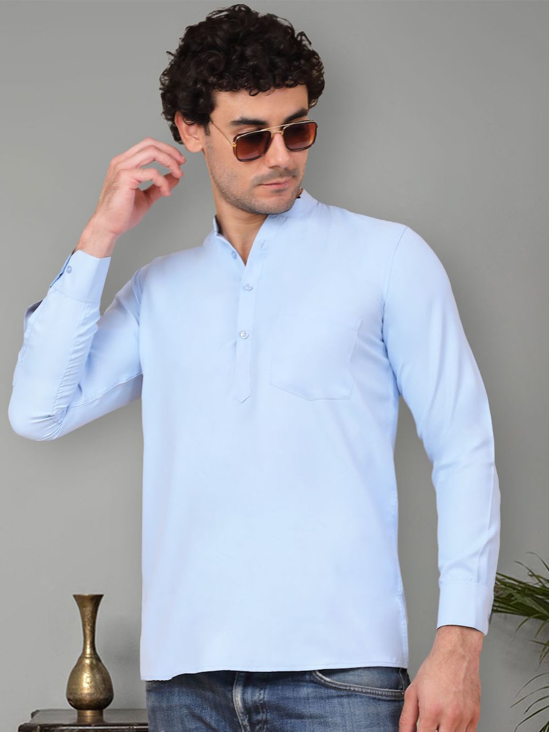 

Jompers Mandarin Collar Cotton Straight Short Kurta, Blue