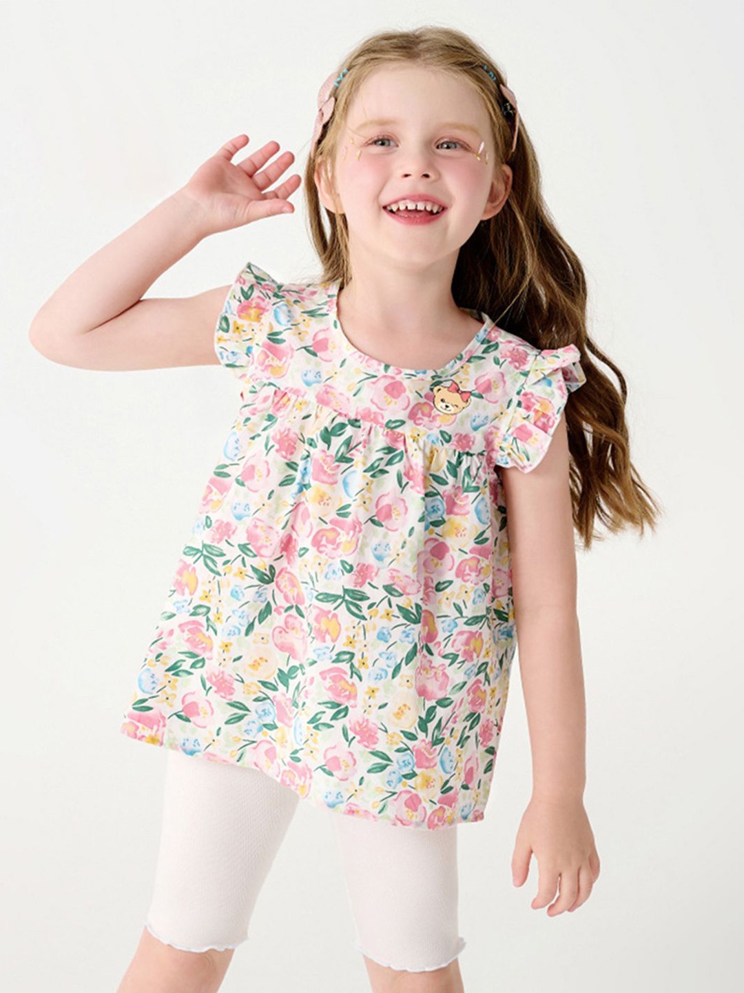 

INCLUD Girls Printed Top With Shorts, Pink