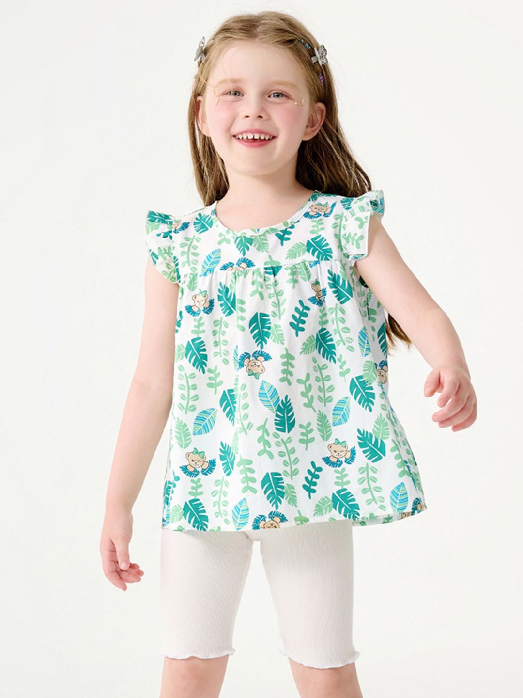 

INCLUD Girls Printed Top With Shorts, Green