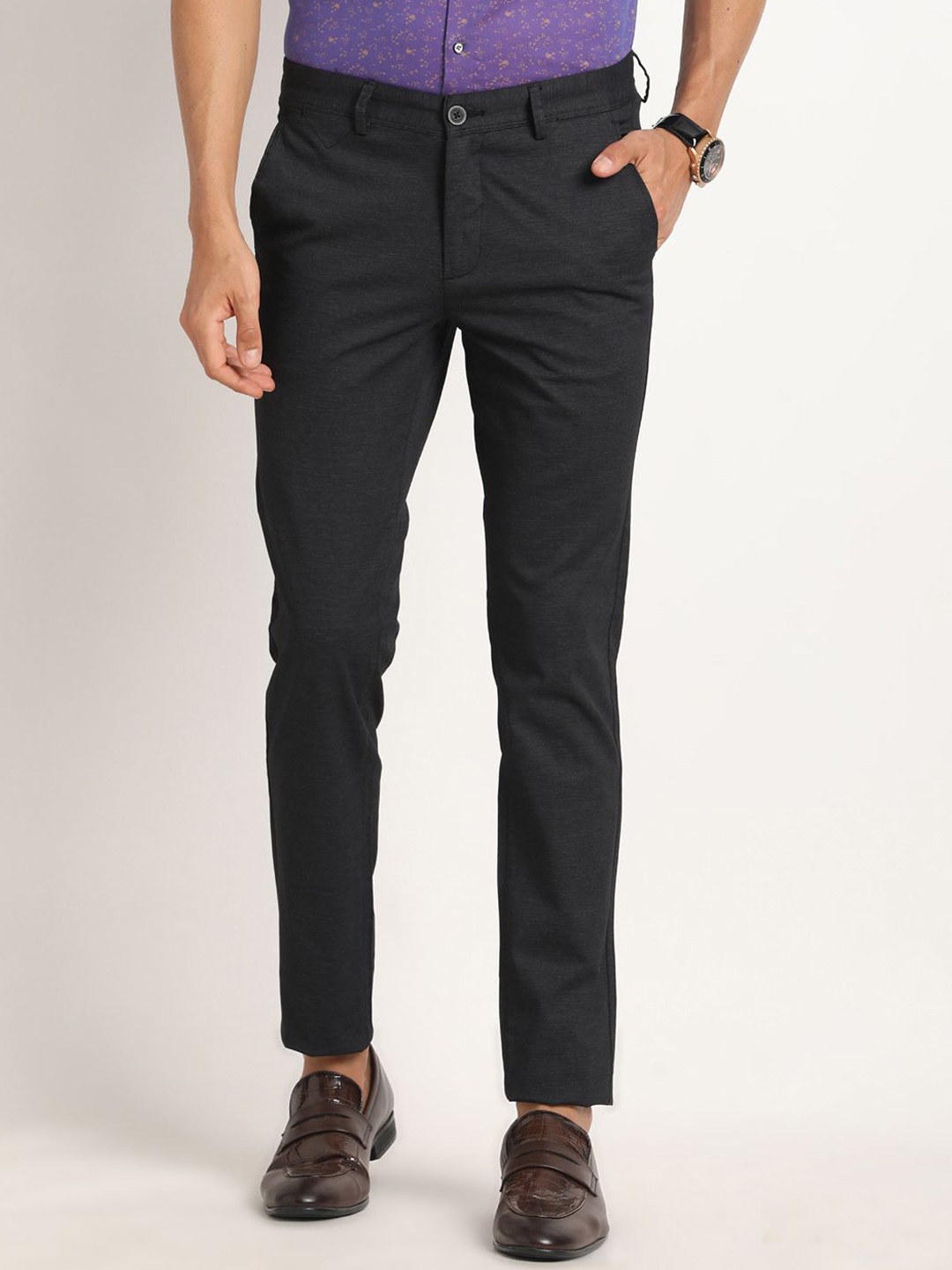 

Turtle Men Relaxed Skinny Fit Mid-Rise Formal Trousers, Black