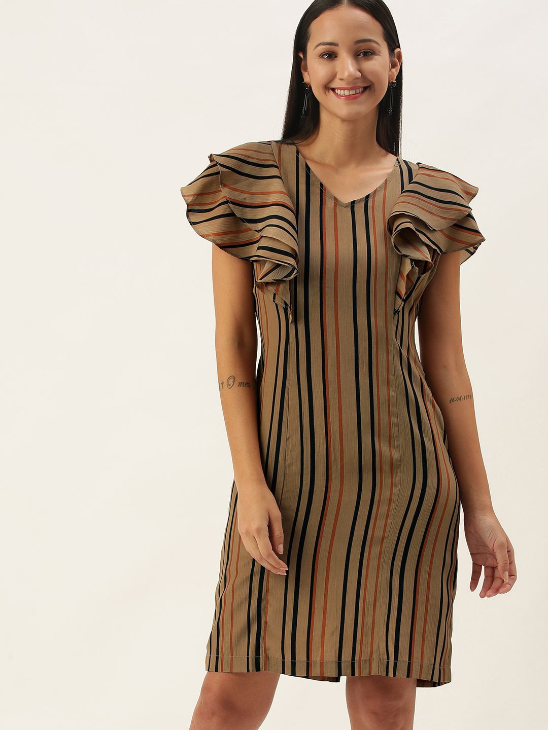 

SHECZZAR Striped Flutter Sleeve Chiffon Sheath Dress, Beige