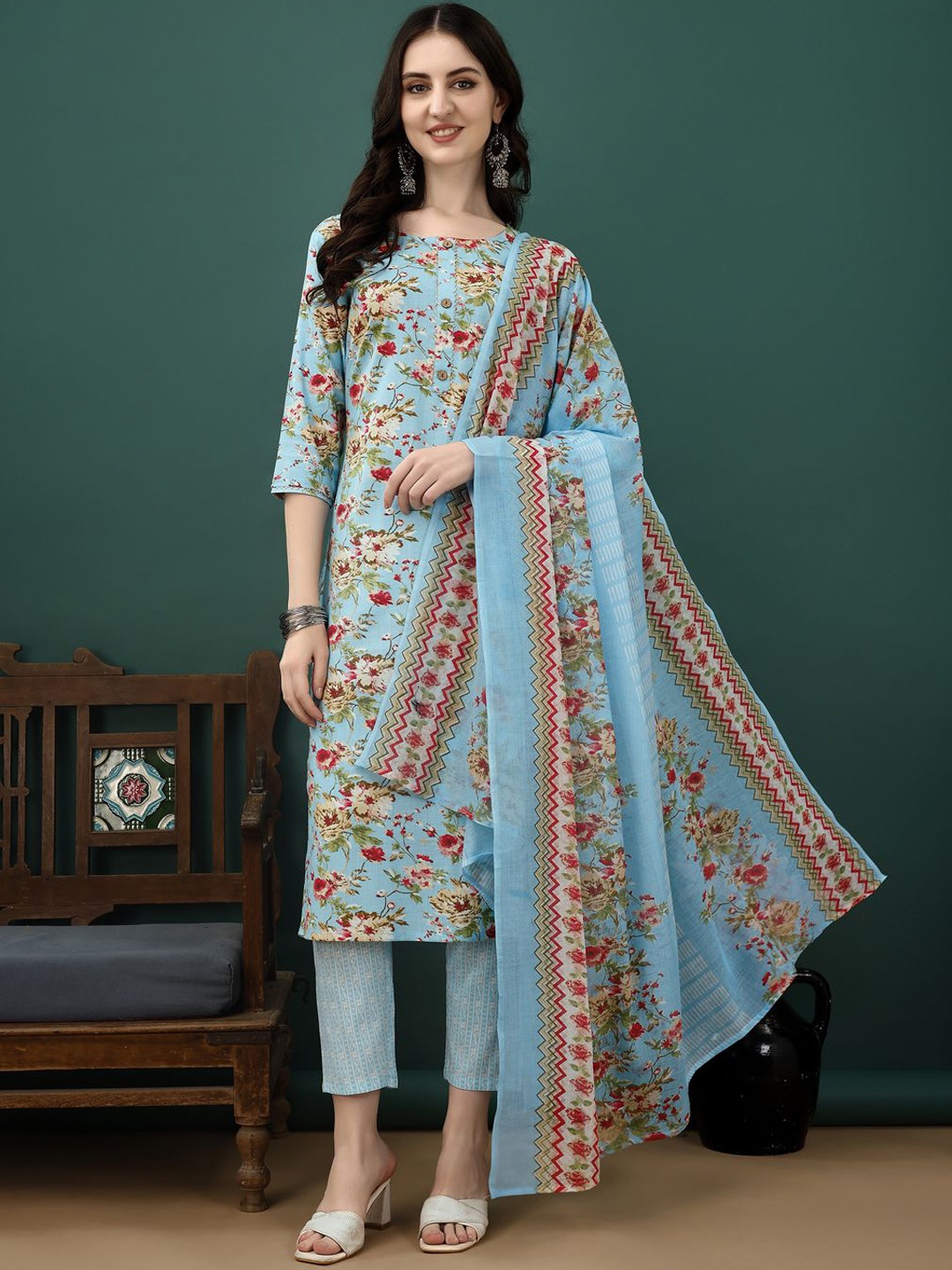 

KALINI Floral Printed Straight Kurta With Trousers & Dupatta, Blue