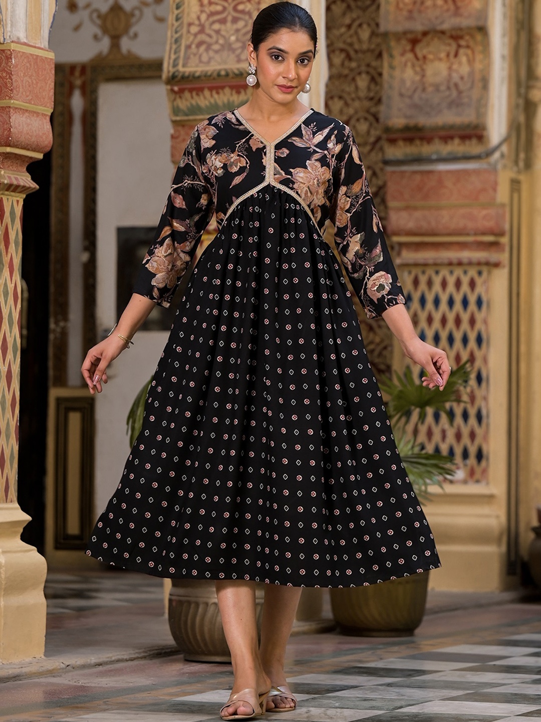 

Label Khoj V Neck Ethnic Motifs Printed A-Line Kurta, Black