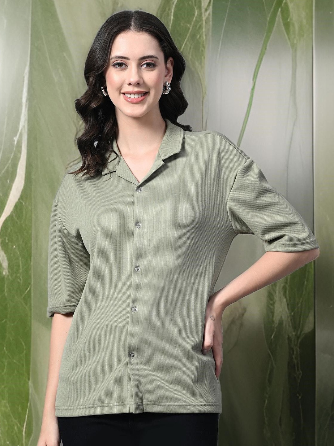 

CLAFOUTIS Women Cuban Collar Solid Shirt, Teal