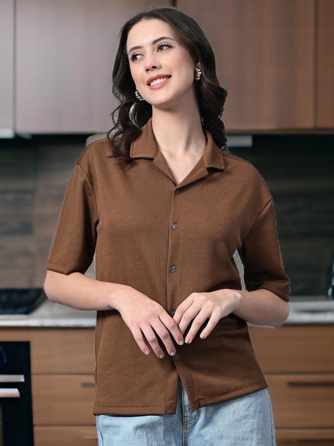 

CLAFOUTIS Women Cuban Collar Solid Shirt, Coffee brown