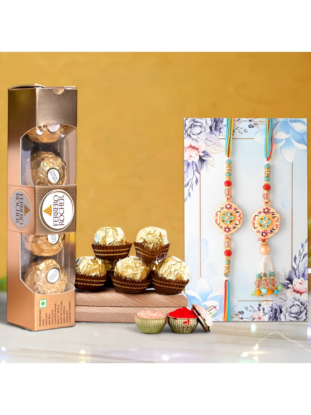 

Ascension Set Of 2 Bhaiya Bhabhi Rakhis With Ferrero Rocher Chocolates & Rholi Chawal, White